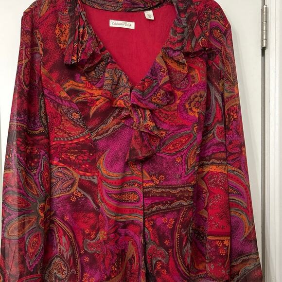 Coldwater Creek Vtg Jewel Tone Paisley Chiffon Blouse Ruffle Front XL Boho - Picture 3 of 12